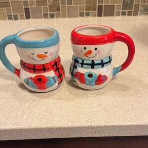 Snowman Ceramic Mug Set - Red and Blue